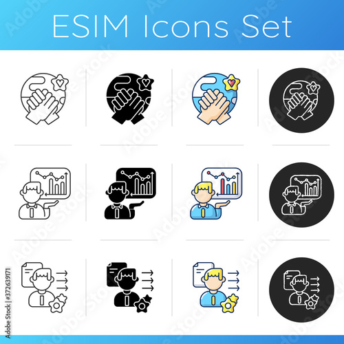 Soft skills icons set. Linear, black and RGB color styles. Tolerance, business presentation, brevity and clarity. Professional and personal self development. Isolated vector illustrations