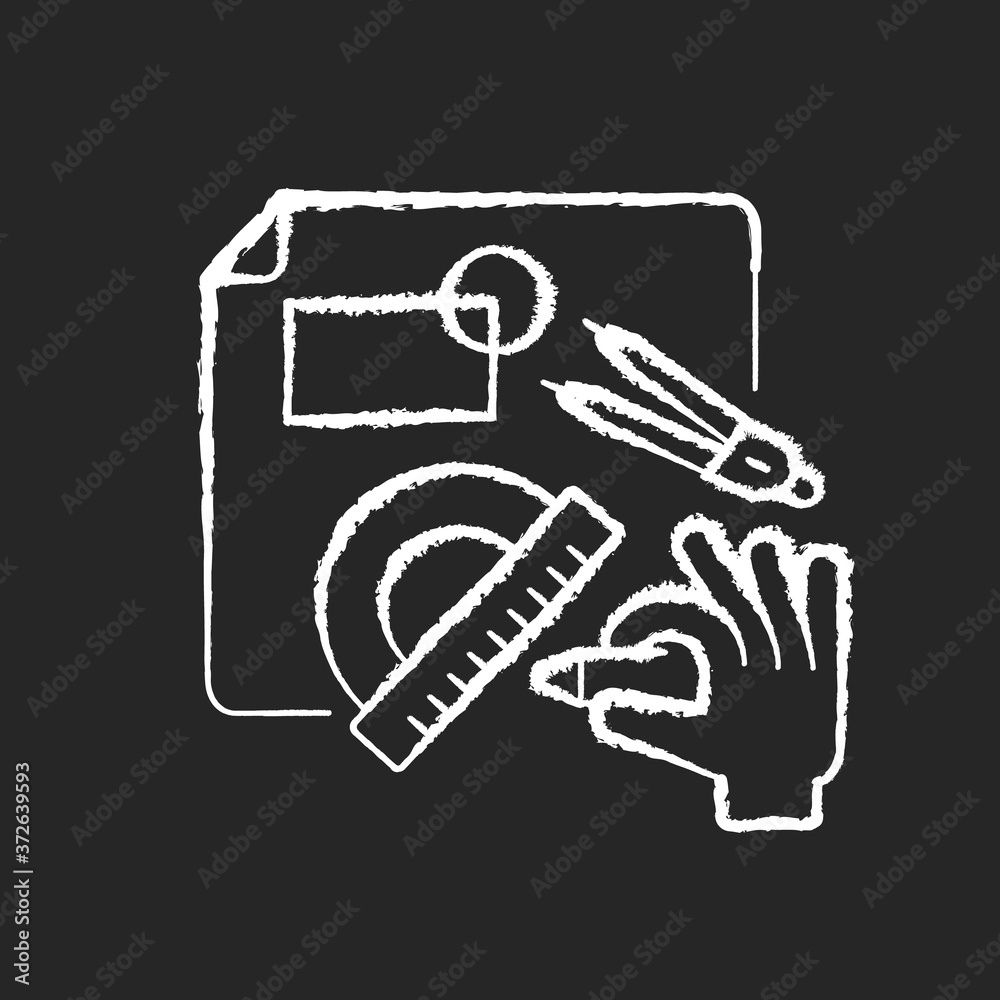 DIY designing chalk white icon on black background. Engineering blueprint. Technical scheme with measurement. Architect plan for project. Handicraft service. Isolated vector chalkboard illustration DIY designing chalk white icon on black background. Engineering blueprint. Technical scheme with measurement. Architect plan for project. Handicraft service. Isolated vector chalkboard illustration