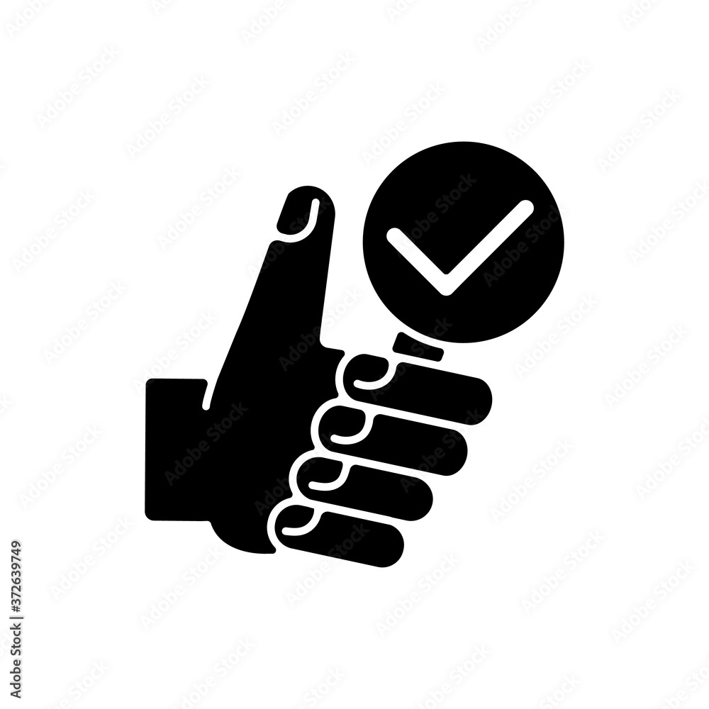 Complete research black glyph icon. Thumbs up with magnifying glass. Vote for right answer. Checkmark in lens. Analysis inquiry. Silhouette symbol on white space. Vector isolated illustration Complete research black glyph icon. Thumbs up with magnifying glass. Vote for right answer. Checkmark in lens. Analysis inquiry. Silhouette symbol on white space. Vector isolated illustration