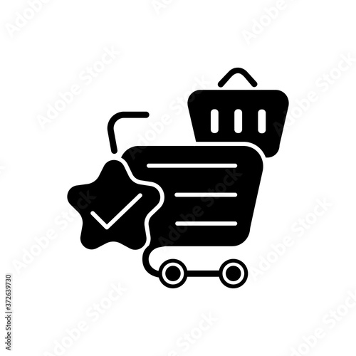 Quality online shopping black glyph icon. Internet store best service. Cart and trolley with checkmark. Buying confirmed. Silhouette symbol on white space. Vector isolated illustration