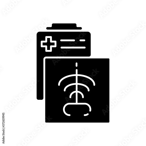 Radiology department black glyph icon. Radiation medicine. Radiologic technologist. CT scan. X rays radiography. Diagnosis. Examination. Silhouette symbol on white space. Vector isolated illustration