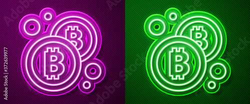 Glowing neon line Cryptocurrency coin Bitcoin icon isolated on purple and green background. Physical bit coin. Blockchain based secure crypto currency. Vector.