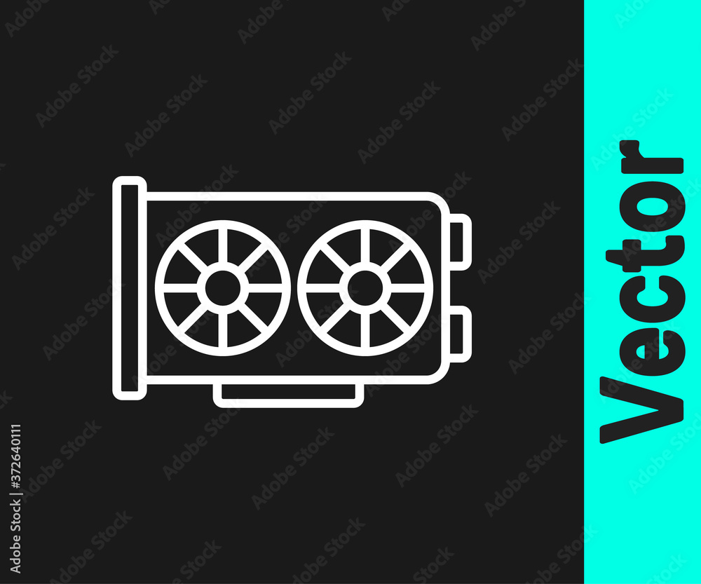 White line Video graphic card icon isolated on black background. Vector.