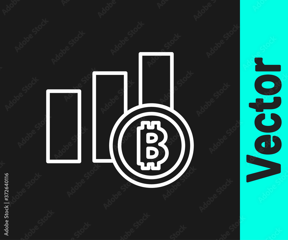 White line Pie chart infographic bitcoin icon isolated on black background. Diagram chart sign. Vector.