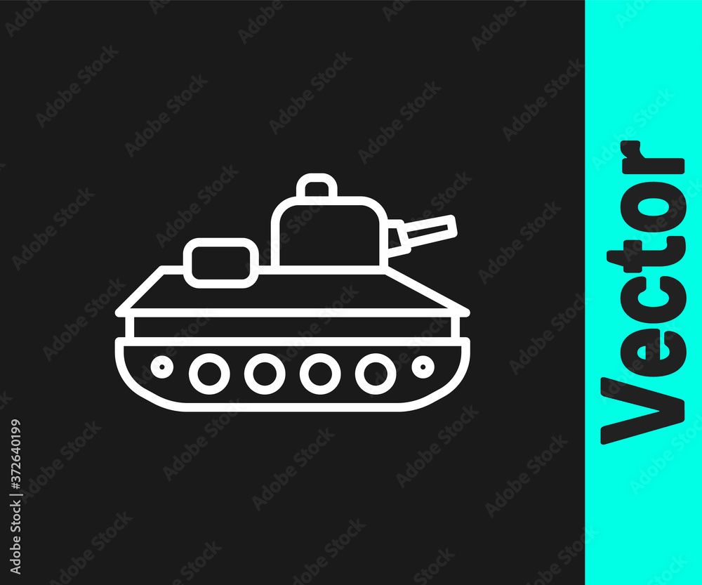 White line Military tank icon isolated on black background. Vector.