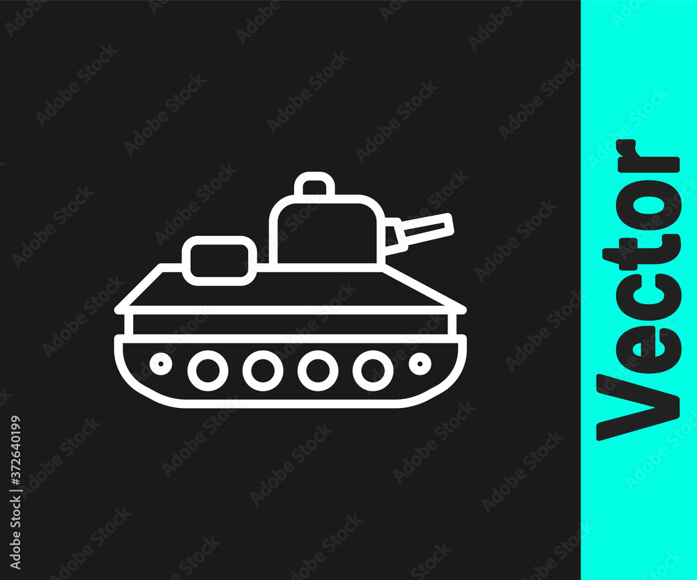 White line Military tank icon isolated on black background. Vector. White line Military tank icon isolated on black background. Vector.