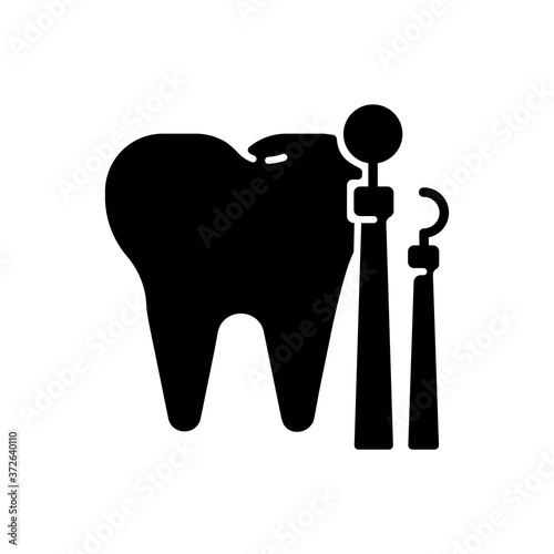 Dentistry black glyph icon. Dental medicine and health. Endodontics and orthodontics. Stomatology. Teeth treatment. Oral medicine. Silhouette symbol on white space. Vector isolated illustration