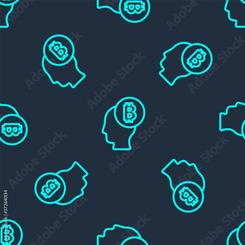 Green line Bitcoin think icon isolated seamless pattern on blue background. Cryptocurrency head. Blockchain technology, digital money market, cryptocoin wallet. Vector.