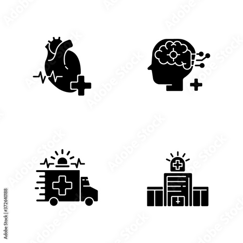 Urgent health care black glyph icons set on white space. Cardiology consultant. Ambulance. Neurological surgery. Urgent care. Walk in clinic. Silhouette symbols. Vector isolated illustration