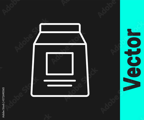White line Sports nutrition bodybuilding proteine power drink and food icon isolated on black background. Vector.