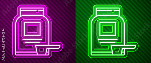 Glowing neon line Sports nutrition bodybuilding proteine power drink and food icon isolated on purple and green background. Vector.