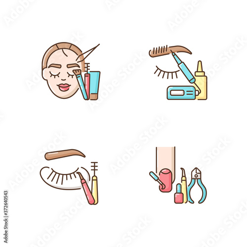 Face care RGB color icons set. Manicure. Microblading. Eyelash extension. Nail varnish. Eyebrow lamination. Beauty procedure. Beautician and cosmetologist services. Isolated vector illustrations