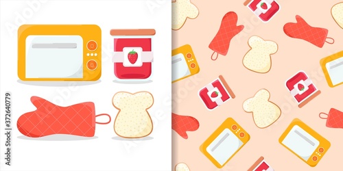 toast bread tools: jam, oven, glove, bread