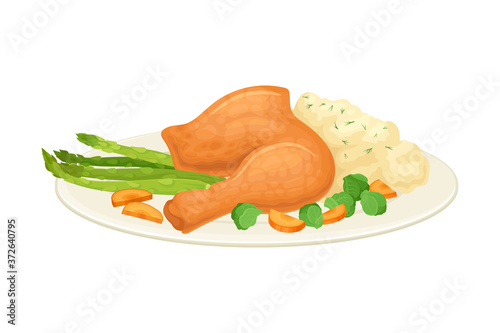 Roasted Turkey or Chicken Leg Served on Plate with Mashed Potato and Vegetables as Thanksgiving Day Dish Vector Illustration