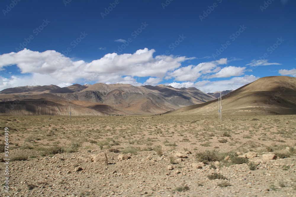 View of the mountains near Tingri on the way to Everest Base Camp in Tibet, China