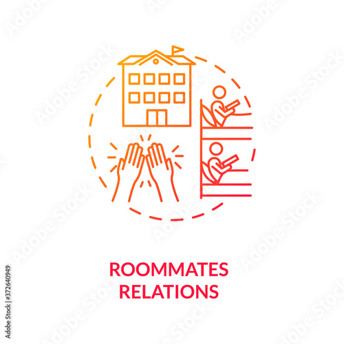 Roommates relations red gradient concept icon. Dormitory partner. Mate for room rental in university. College life idea thin line illustration. Vector isolated outline RGB color drawing