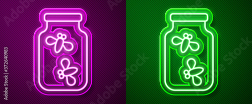 Glowing neon line Fireflies bugs in a jar icon isolated on purple and green background. Vector.