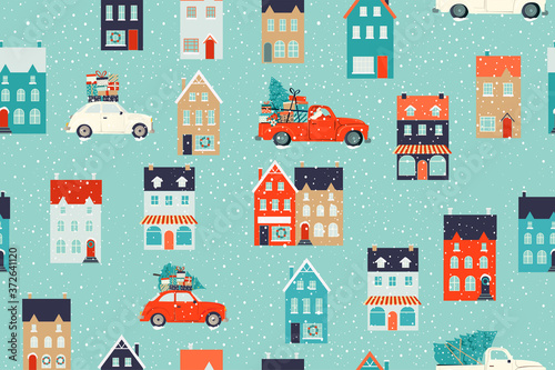 Winter houses for Christmas and Red retro car with a fir tree and gifts. Christmas fabrics and decor. Seamless pattern.