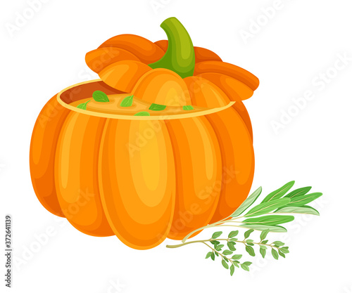 Pumpkin Porridge Served in Squash and Garnished with Herbs as Thanksgiving Autumnal Holiday Dish Vector Illustration