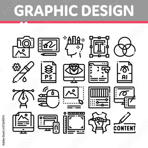 Graphic Design And Creativity Icons Set Vector. Photo Camera And Tablet For Design, Computer Application For Drawing And Painting Concept Linear Pictograms. Monochrome Contour Illustrations