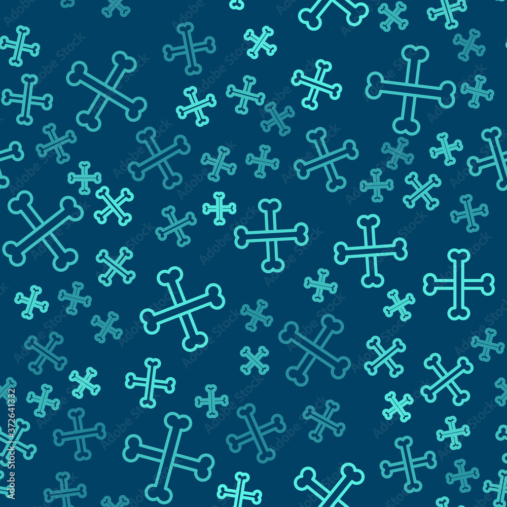 Green line Crossed human bones icon isolated seamless pattern on blue background. Vector. Green line Crossed human bones icon isolated seamless pattern on blue background. Vector.