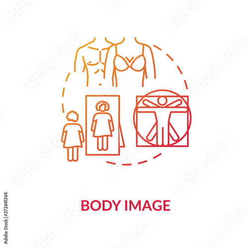 Body image concept icon. Human appearance perception idea thin line illustration. Male and female beauty standards. Self esteem, confidence. Vector isolated outline RGB color drawing