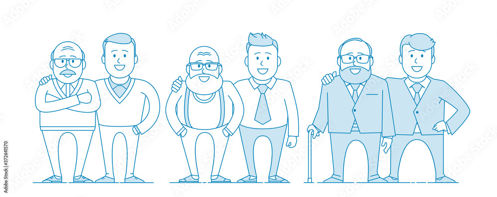 Father and his adult son. Elderly father and adult son together. Cartoon characters. Illustration in line art style. Vector