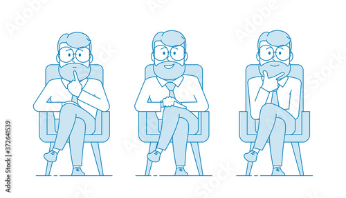 A man consultant or psychotherapist is sitting in a chair. Several variants. Listens attentively and gives advice or advice. Illustration in line art style. Vector