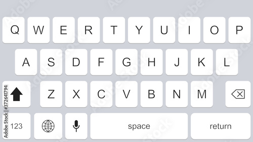Smartphone keyboard in light day mode. Alphabet buttons in modern style. Mobile phone tab bar for text app in white.
