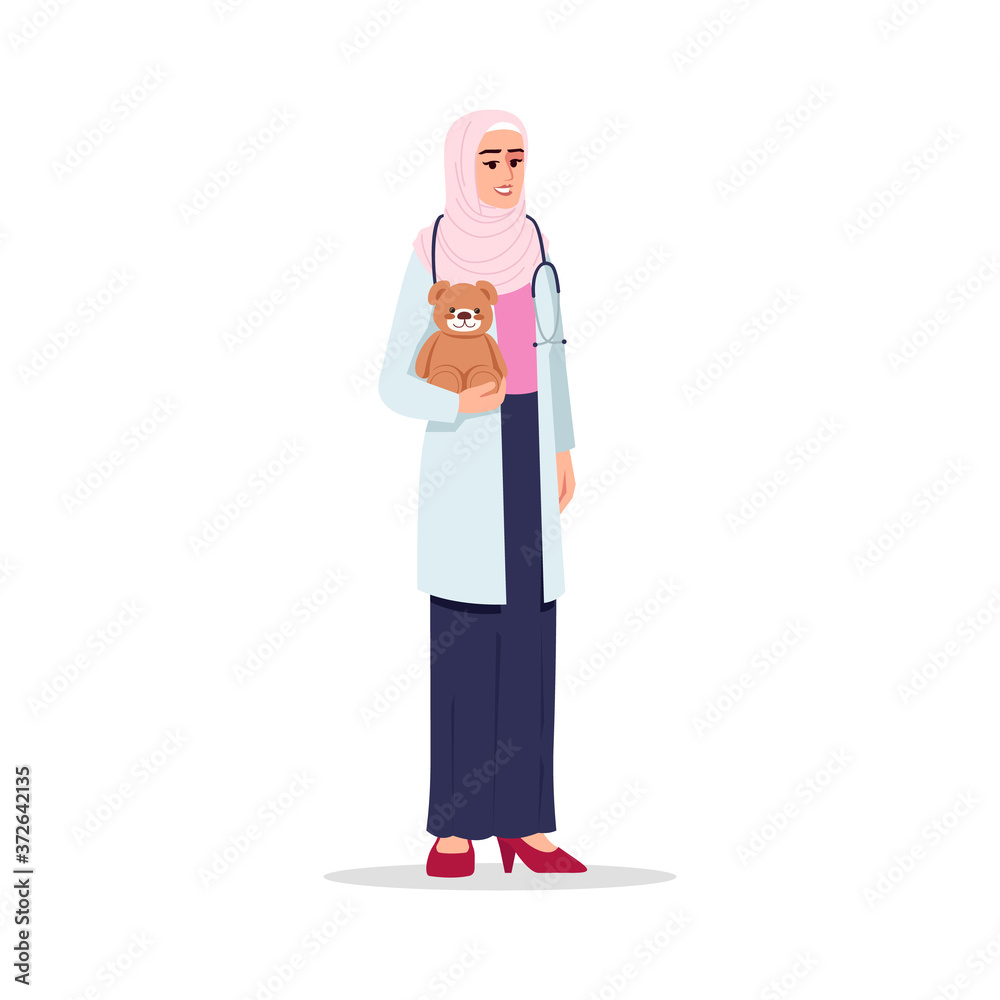 Pediatrician semi flat RGB color vector illustration. Medical personnel. Children care doctor. Young arab woman working as pediatrician isolated cartoon character on white background