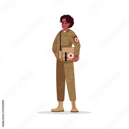 Military surgeon semi flat RGB color vector illustration. Combat medic. Military doctor. Young afro american woman working as combat medic isolated cartoon character on white background