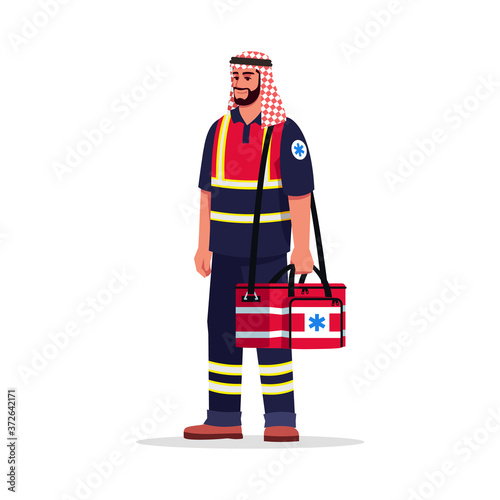 Male paramedic semi flat RGB color vector illustration. Emergency healthcare professional. Medical staff. Arab emergency doctor with medical bag isolated cartoon character on white background