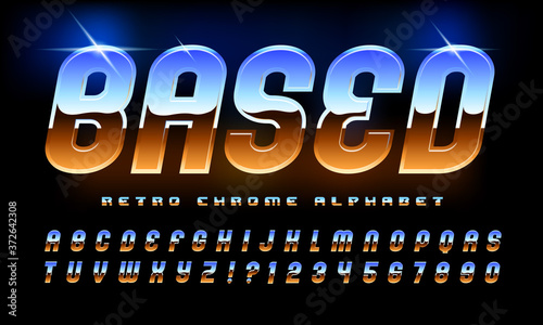 Based Retro Chrome Alphabet; An 80s Style High Tech Alphabet with the Classic Airbrushed Chrome Look So Popular in the Eighties. Glints and highlights Give It a Sparkling Shiny Reflective Look.