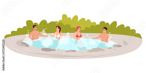 Outdoors hot tub semi flat RGB color vector illustration. Japanese resort. Public hot springs. People soak in pool. Male and female friends isolated cartoon characters on white background