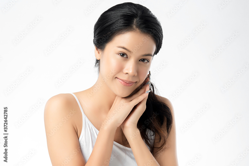 Beautiful Young asian Woman with Clean Fresh Skin, on white background, Face care, Facial treatment, Cosmetology, beauty and spa, Asian women portrait