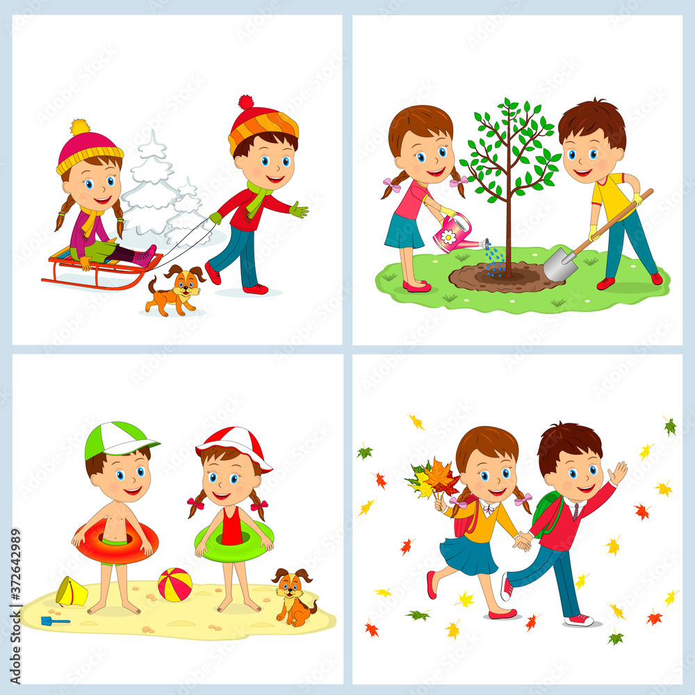 cartoon little kids and seasons, illustration,vector cartoon little kids and seasons, illustration,vector