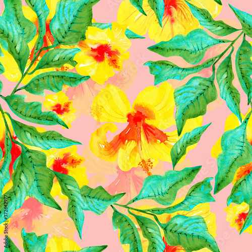 summer colorful print with watercolor tropical leaves and hibiscus flowers on seamless pink background