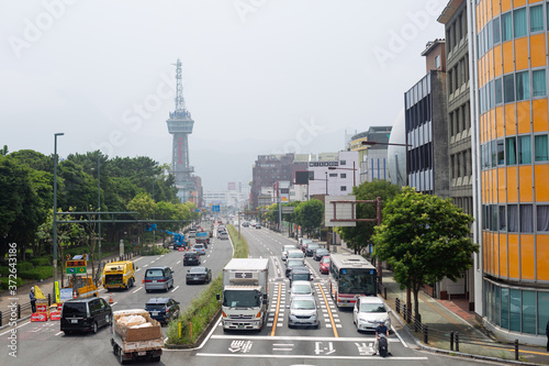 Photography scenery of main road and vehicles in beppu city, oita pref, japan
