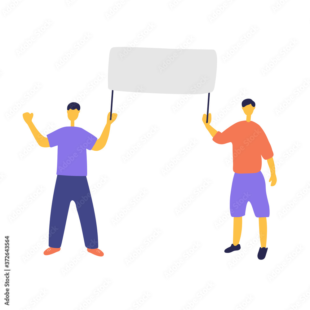 Young men at picket. Ecoactivist holds poster at rally. People go to political demonstrations. Men are protesting. Hand drawn flat vector illustration Young men at picket. Ecoactivist holds poster at rally. People go to political demonstrations. Men are protesting. Hand drawn flat vector illustration