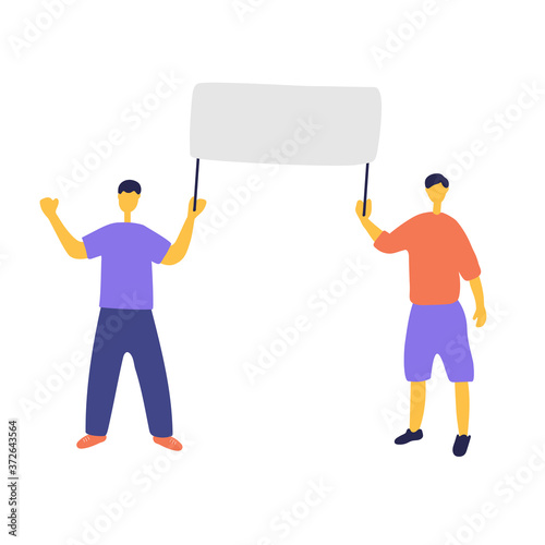 Young men at picket. Ecoactivist holds poster at rally. People go to political demonstrations. Men are protesting. Hand drawn flat vector illustration