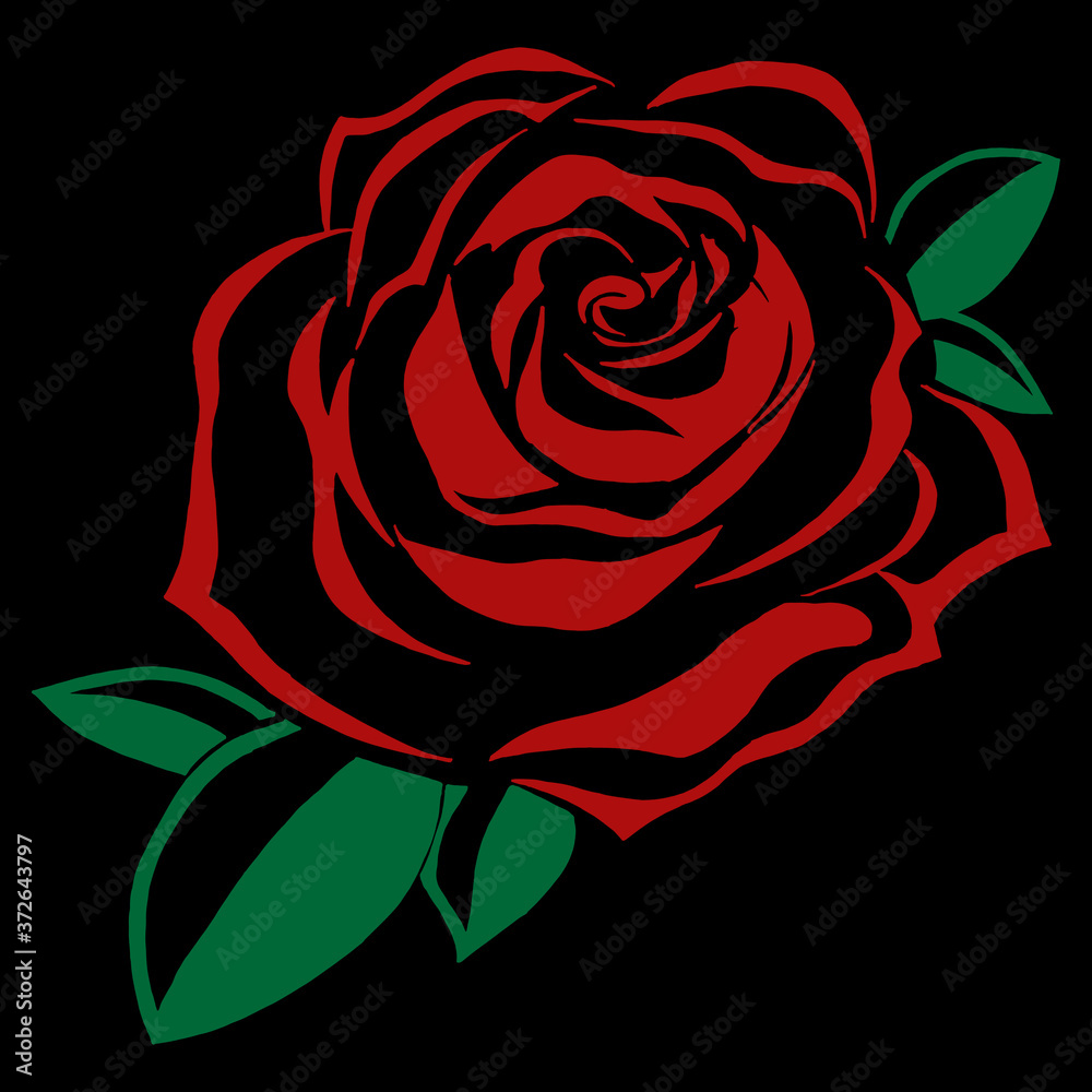 Rose blooming icon. Vector illustration of a rose bud with leaves. Hand drawn beautiful rose flower.
