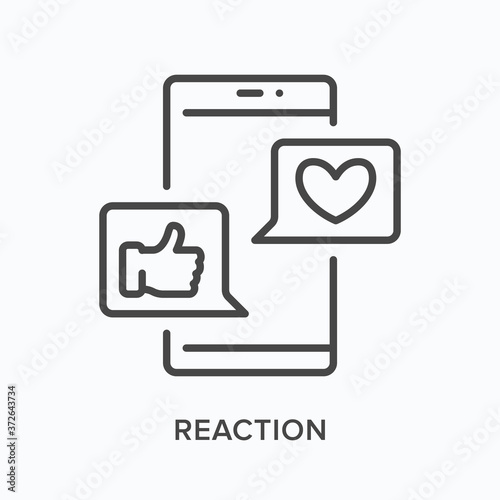 Smartphone with reaction notifications flat line icon. Vector outline illustration of cellphone screen with like and thumb up. Feedback thin linear pictogram