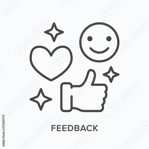 Feedback flat line icon. Vector outline illustration of customer satisfaction. Like, emotion, thumb up reaction thin linear pictogram