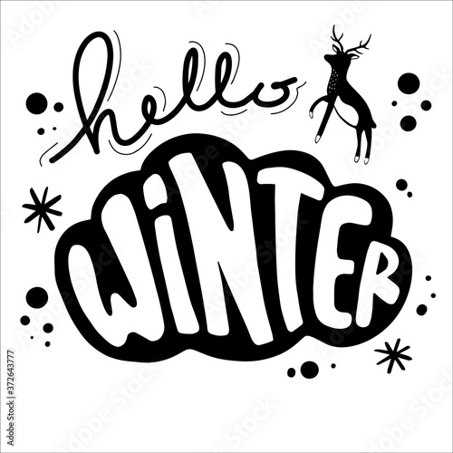 Hello Winter hand lettered Silhouette Winter logos and emblems for invitation  greeting card  t-shirt  prints and posters. Hand drawn winter inspiration phrase. Vector illustration.