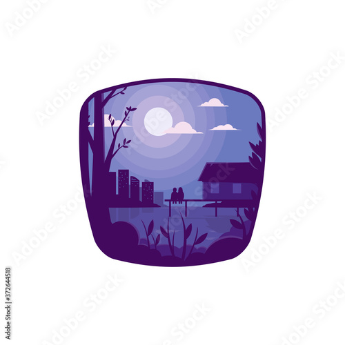 flat illustration landscape night lake moonshine