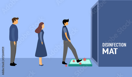 People walking on disinfection mat to clean shoe from Covid-19 coronavirus and bacteria. Healthcare concept vector illustration on blue background.