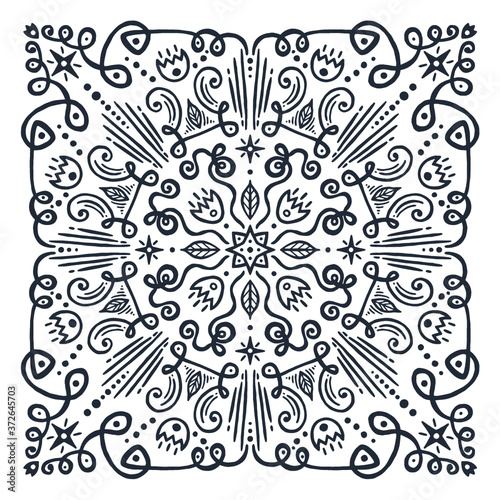 Ornament of swirling lines, flowers, stars and vegetation.  Print for the cover of the book, postcards, t-shirts. Illustration for rugs.
