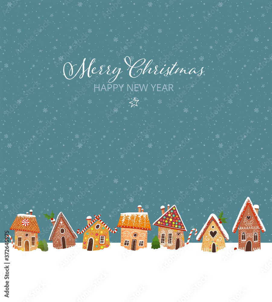 Christmas greeting card with cute gingerbread houses