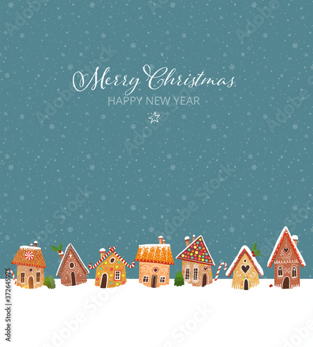 Christmas greeting card with cute gingerbread houses