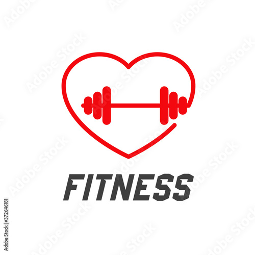 Concepto gimnasio. Logotipo Fitness con corazón y mancuerna lineal en gris y rojo photo